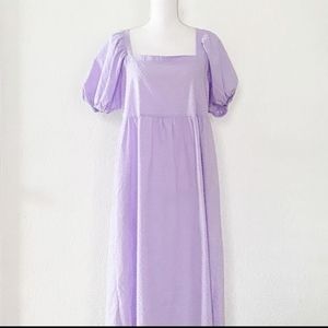 Whowhatwear lilac puff sleeve Brigerton style spring dress